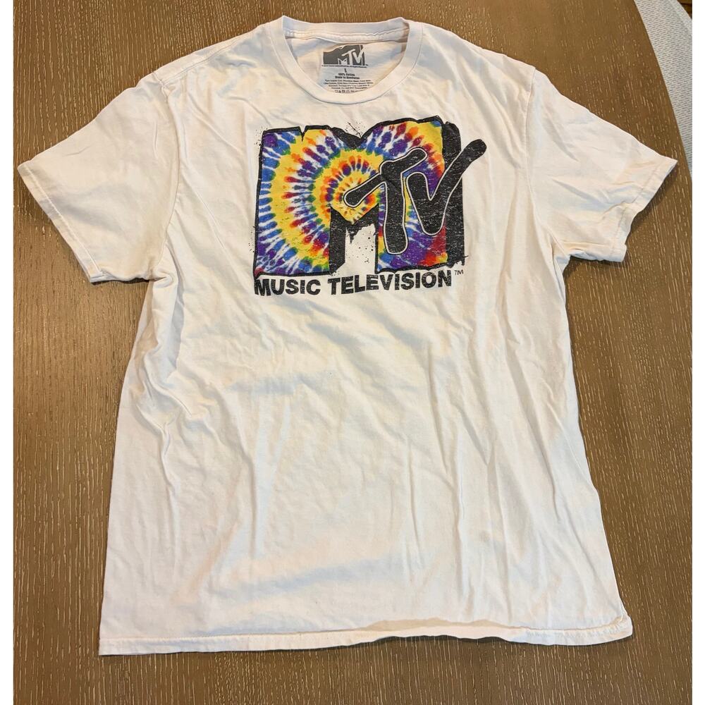MTV Tie Dye Print White T-shirt Tee Mens Size Large 80s 90s  Cotton Logo